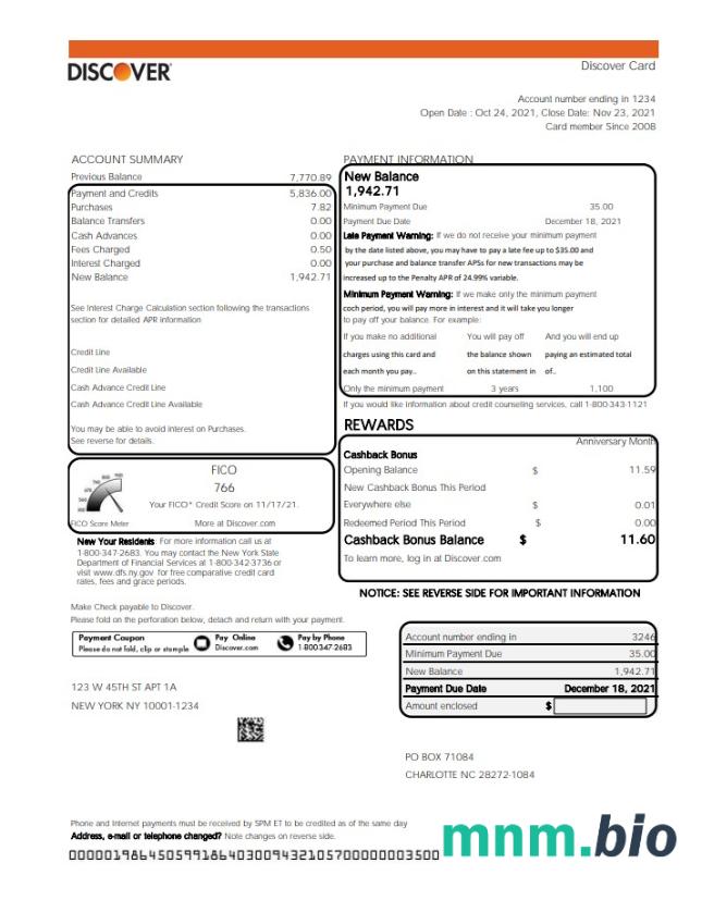 USA Discover bank karta kredytowa statement template w formacie Word i PDF format (2 strony)